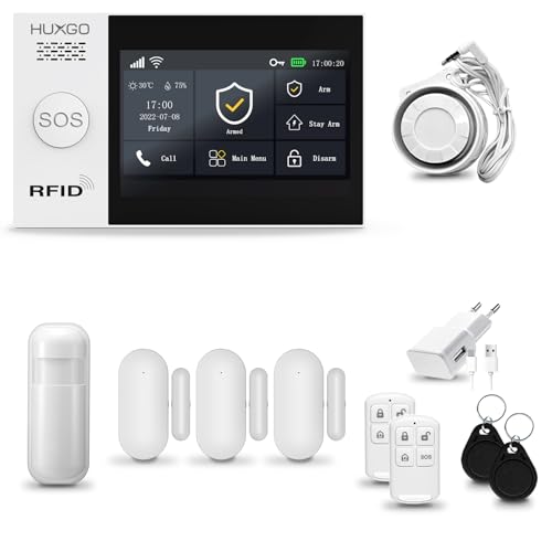 HUXGO® HXA007 Funk Alarmanlage Set WiFi + GSM mit Sirene | Alarm System mit Bewegungsmelder, 3X Tür- Fenstersensor, Fernbedienung | Wohnmobil Alarmanlage | Smart Home Security von HUXGO