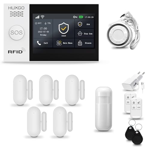 HUXGO® HXA007 Funk Alarmanlage Set WiFi + GSM mit Sirene | Alarm System mit Bewegungsmelder, 5X Tür- Fenstersensor, Fernbedienung | Wohnmobil Alarmanlage | Smart Home von HUXGO