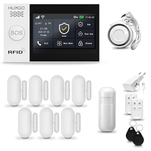 HUXGO® HXA007 Funk Alarmanlage Set WiFi + GSM mit Sirene | Alarm System mit Bewegungsmelder, 7X Tür- Fenstersensor, Fernbedienung | Wohnmobil Alarmanlage | Smart Home Security von HUXGO