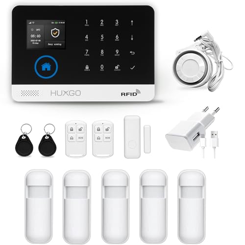 HUXGO HXA003 Funk Alarmanlage WiFi + GSM 4G Modul mit 5 Bewegungssensoren - Bewegungsmelder mit Alarm - - Alarmanlage Haus, SMS-Benachrichtigungen, Steuerung vom Telefon aus HUXGO HXA003 Funk Alarmanlage WiFi + GSM 4G Modul mit 5 Bewegungssensoren - Bewegungsmelder mit Alarm - - Alarmanlage Haus, SMS-Benachrichtigungen, Steuerung vom Telefon aus von HUXGO