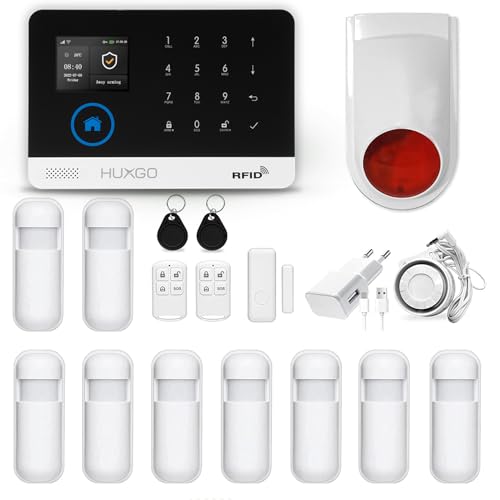 HUXGO HXA003 Funk Alarmanlage WiFi + GSM 4G Modul mit 9 Bewegungssensoren und Funksirene - Bewegungsmelder mit Alarm - Alarmanlage Haus - Alarmanlage Wohnung - Funk Bewegungsmelder mit Empfänger von HUXGO
