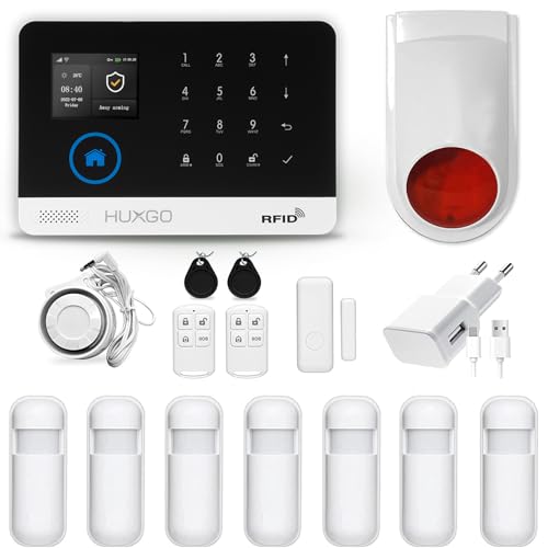 HUXGO HXA003 Funk Alarmanlage WiFi + GSM Modul mit 7X Bewegungssensoren und Funksirene - Alarmanlage Wohnung Garage - Funk Bewegungsmelder mit Empfänger von HUXGO