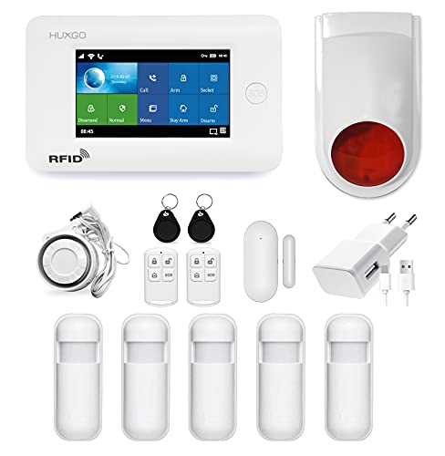HUXGO HXA006 Funk Alarmanlage WiFi + GSM 4G Modul mit 5 Bewegungssensoren und Funksirene - Bewegungsmelder mit Alarm, SMS-Benachrichtigungen, Steuerung vom Telefon aus von HUXGO