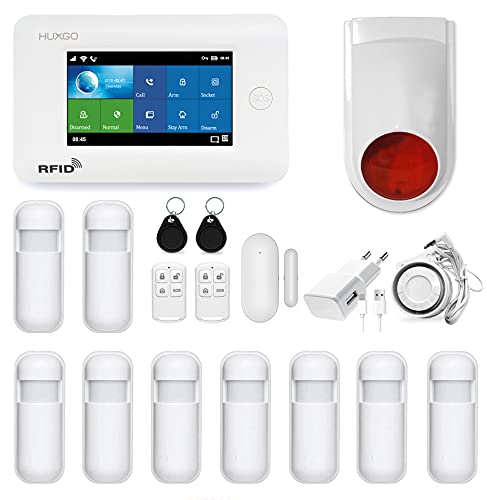 HUXGO HXA006 Funk Alarmanlage WiFi + GSM 4G Modul mit 9 Bewegungssensoren und Funksirene - Bewegungsmelder mit Alarm, SMS-Benachrichtigungen, Steuerung vom Telefon aus von HUXGO