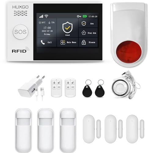HUXGO HXA007 Funkalarmanlage mit 3X Bewegungsmeldern, 3X Türöffnungsmelder und zweiter Alarmsirene, Modulen: WLAN + GSM 4G, TUYA Smart Anwendung, SMS-Benachrichtigungen, von HUXGO