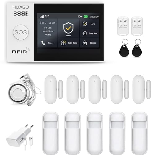 HUXGO HXA007 Funk Alarmanlage WiFi + GSM 4G Modul mit 5 Bewegungssensoren 5X Türöffnungsmelder- Bewegungsmelder mit Alarm - Alarmanlage Haus, SMS-Benachrichtigungen, Steuerung vom Telefon aus von HUXGO