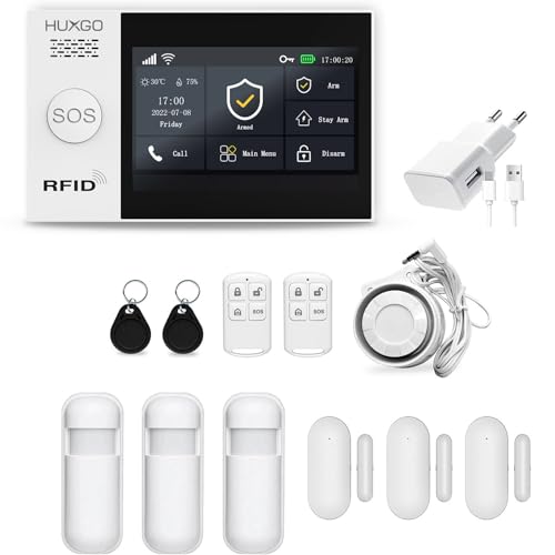 HUXGO HXA007 Funk Alarmanlage WiFi + GSM Modul mit 3X Bewegungssensoren - Bewegungsmelder mit Alarm - Alarmanlage Haus - Alarmanlage Wohnung - Funk Bewegungsmelder mit Empfänger von HUXGO