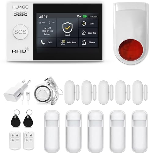 HUXGO HXA007 Funk Alarmanlage mit zweiter Alarmsirene, WiFi + GSM Modul, 5X Bewegungssensoren 5X Türöffnungsmelder - Bewegungsmelder mit Alarm - Alarmanlage Haus-Alarmanlage Wohnung von HUXGO
