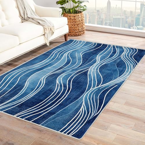 HUYEEI Teppich, Abstrakte geometrische Wellen, Teppich Wohnzimmer, Schlafzimmer.(Blau)-120x150cm von HUYEEI