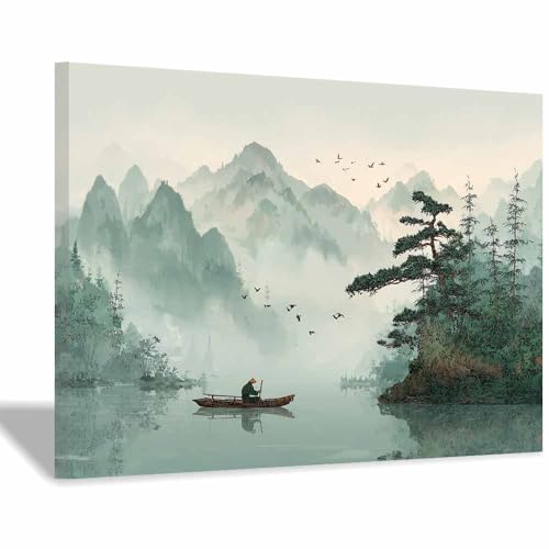 HUYEEI Große nordische abstrakte Wand Gemälde Berg und Wasserfähre Leinwandbilder,für Badezimmer, Flure, Büros Schlafzimmer Home Deko Wohnung Bild Wohnzimmer(grün153)-60x80cm Gerahmt von HUYEEI