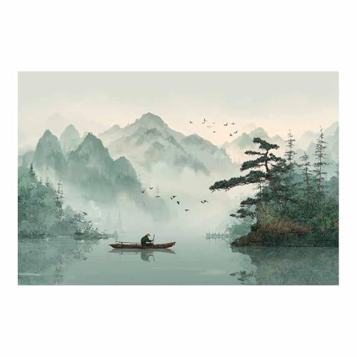 HUYEEI Große nordische abstrakte Wand Gemälde Berg und Wasserfähre Leinwandbilder,für Badezimmer, Flure, Büros Schlafzimmer Home Deko Wohnung Bild Wohnzimmer(grün153)-60x80cm Ungerahmt von HUYEEI