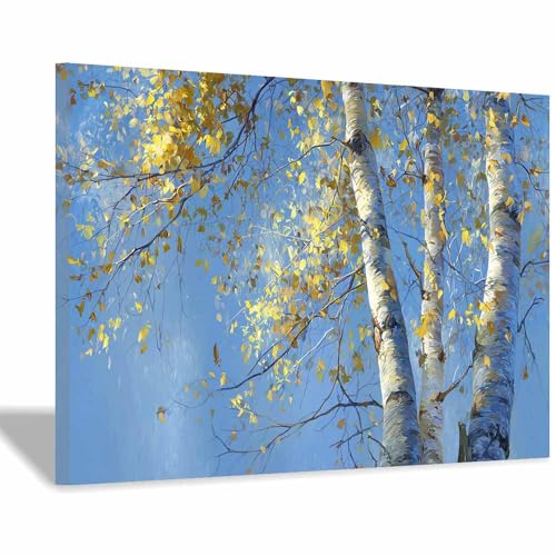 HUYEEI Große nordische abstrakte Wand Gemälde Birkenlandschaft Leinwandbilder,für Badezimmer, Flure, Büros Schlafzimmer Home Deko Wohnung Bild Wohnzimmer(blau48)-60x80cm Gerahmt von HUYEEI