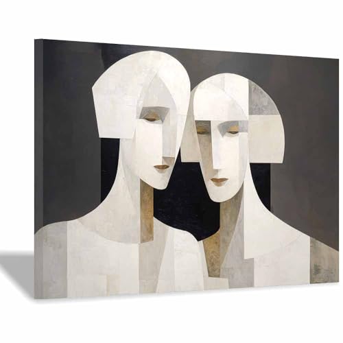 HUYEEI Große nordische abstrakte Wand Gemälde Doppelporträt Leinwandbilder,für Badezimmer, Flure, Büros Schlafzimmer Home Deko Wohnung Bild Wohnzimmer(weiß23)-60x80cm Gerahmt von HUYEEI