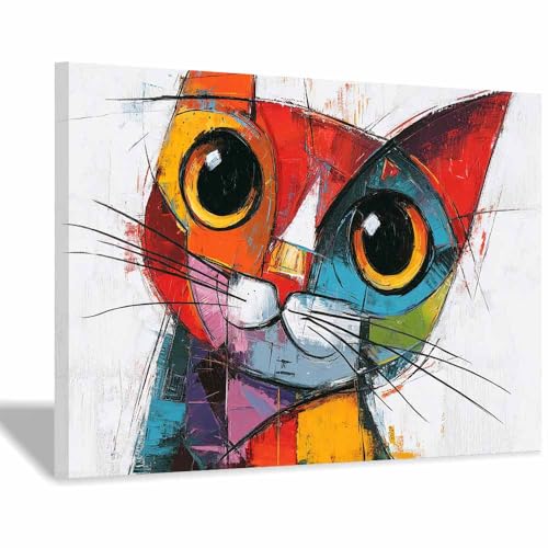 HUYEEI Große nordische abstrakte Wand Gemälde Katzenkopf-Porträt Leinwandbilder,für Badezimmer, Flure, Büros Schlafzimmer Home Deko Wohnung Bild Wohnzimmer(mehrfarbig108)-60x80cm Gerahmt von HUYEEI