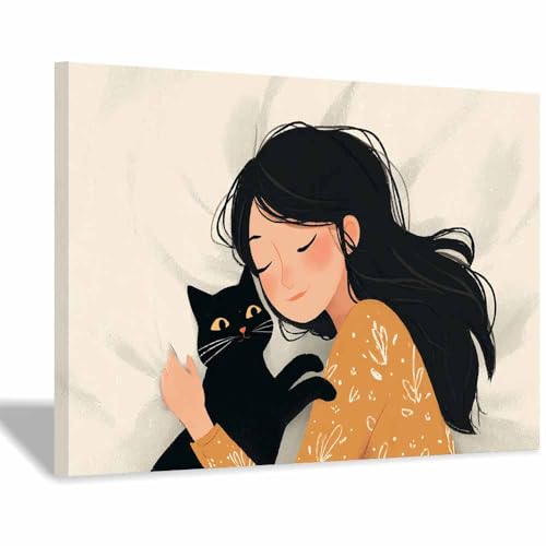 HUYEEI Große nordische abstrakte Wand Gemälde Mann und Katzen Leinwandbilder,für Badezimmer, Flure, Büros Schlafzimmer Home Deko Wohnung Bild Wohnzimmer(weiß53)-60x90cm Gerahmt von HUYEEI