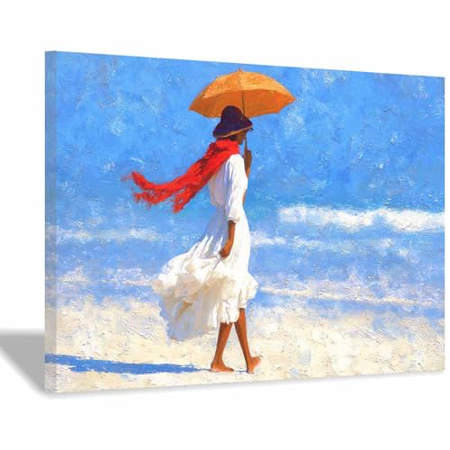 HUYEEI Große nordische abstrakte Wand Gemälde Strandspaziergang Leinwandbilder,für Badezimmer, Flure, Büros Schlafzimmer Home Deko Wohnung Bild Wohnzimmer(blau28)-60x80cm Gerahmt von HUYEEI