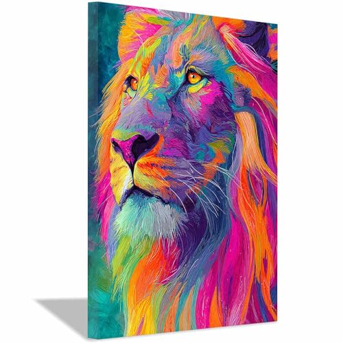 HUYEEI Leinwand Bilder Bunte Löwen Wandkunst, Tier-Wanddekoration, Natur, Gemälde für Schlafzimmer, Wohnzimmer, Kinderzimmer, usw(mehrfarbig169)-60x90cm Gerahmt von HUYEEI