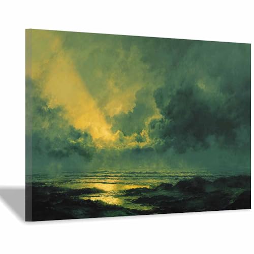 HUYEEI Leinwandbild Bilder Meer und Himmelslicht Abstrakt Kunstdruck modern Wandbilder,für Schlafzimmer Büro Wohnzimmer Wanddekoration Design Wand Bild(grün159)-40x60cm Gerahmt von HUYEEI