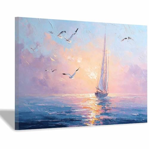 HUYEEI Leinwandbild Bilder Möwe auf dem Meer Abstrakt Kunstdruck modern Wandbilder,für Schlafzimmer Büro Wohnzimmer Wanddekoration Design Wand Bild(blau79)-40x60cm Gerahmt von HUYEEI