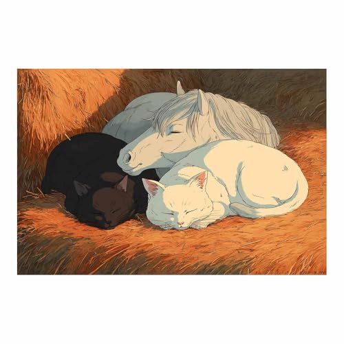HUYEEI Leinwandbild Bilder Schlafendes Pferd und Katzen Abstrakt Kunstdruck modern Wandbilder,für Schlafzimmer Büro Wohnzimmer Wanddekoration Design Wand Bild(weiß94)-40x60cm Ungerahmt von HUYEEI