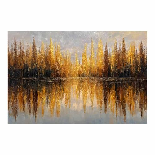 HUYEEI Leinwandbild Bilder Spiegelungen von Wäldern und Wasser Abstrakt Kunstdruck modern Wandbilder,für Schlafzimmer Büro Wohnzimmer Wanddekoration Design Wand Bild(gelb124)-40x60cm Ungerahmt von HUYEEI