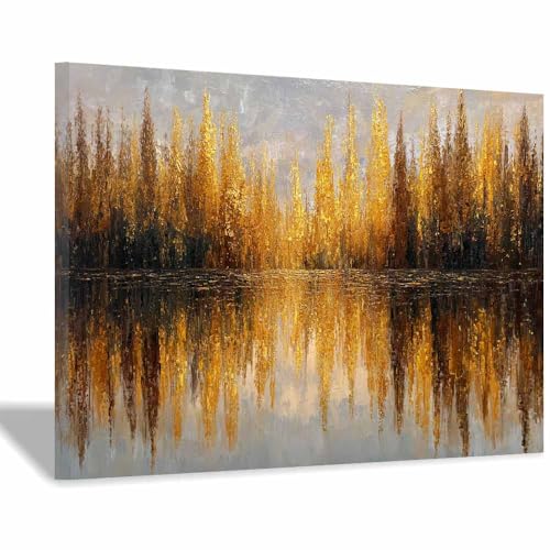 HUYEEI Leinwandbild Bilder Spiegelungen von Wäldern und Wasser Abstrakt Kunstdruck modern Wandbilder,für Schlafzimmer Büro Wohnzimmer Wanddekoration Design Wand Bild(gelb124)-60x80cm Gerahmt von HUYEEI