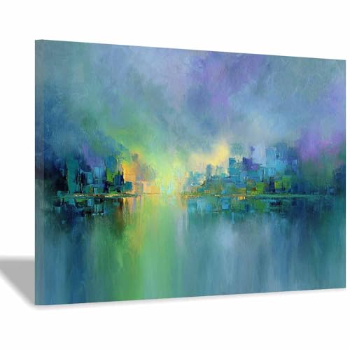 HUYEEI Leinwandbild Bilder Stadtlandschaft Abstrakt Kunstdruck modern Wandbilder,für Schlafzimmer Büro Wohnzimmer Wanddekoration Design Wand Bild(grün19)-60x80cm Gerahmt von HUYEEI
