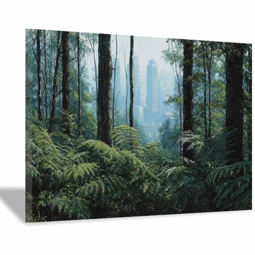 HUYEEI Leinwandbild Bilder Waldstadtlandschaft Abstrakt Kunstdruck modern Wandbilder,für Schlafzimmer Büro Wohnzimmer Wanddekoration Design Wand Bild(grün49)-40x60cm Gerahmt von HUYEEI