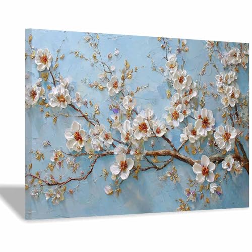 HUYEEI Leinwandbilder Blumenzweig-Gemälde Ästhetische Bilder - abstraktes Deko Wohnzimmer - Wandbilder Schlafzimmer - Wand Deko -Badezimmer, Büro(weiß65)-60x80cm Gerahmt von HUYEEI