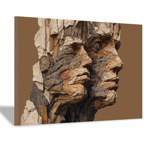HUYEEI Leinwandbilder Holzschnittgesicht Ästhetische Bilder - abstraktes Deko Wohnzimmer - Wandbilder Schlafzimmer - Wand Deko -Badezimmer, Büro(braun50)-60x90cm Gerahmt von HUYEEI