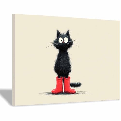 HUYEEI Leinwandbilder Katzen in Stiefeln Ästhetische Bilder - abstraktes Deko Wohnzimmer - Wandbilder Schlafzimmer - Wand Deko -Badezimmer, Büro(schwarz35)-60x90cm Gerahmt von HUYEEI