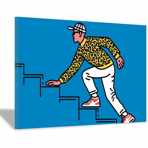 HUYEEI Leinwandbilder Treppensteigen Ästhetische Bilder - abstraktes Deko Wohnzimmer - Wandbilder Schlafzimmer - Wand Deko -Badezimmer, Büro(blau10)-70x100cm Gerahmt von HUYEEI