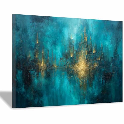 HUYEEI Leinwandbilder Wasserstädte Ästhetische Bilder - abstraktes Deko Wohnzimmer - Wandbilder Schlafzimmer - Wand Deko -Badezimmer, Büro(blau115)-70x100cm Gerahmt von HUYEEI
