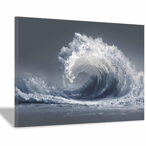 HUYEEI Leinwandbilder Wellen Ästhetische Bilder - abstraktes Deko Wohnzimmer - Wandbilder Schlafzimmer - Wand Deko -Badezimmer, Büro(grau60)-60x90cm Gerahmt von HUYEEI