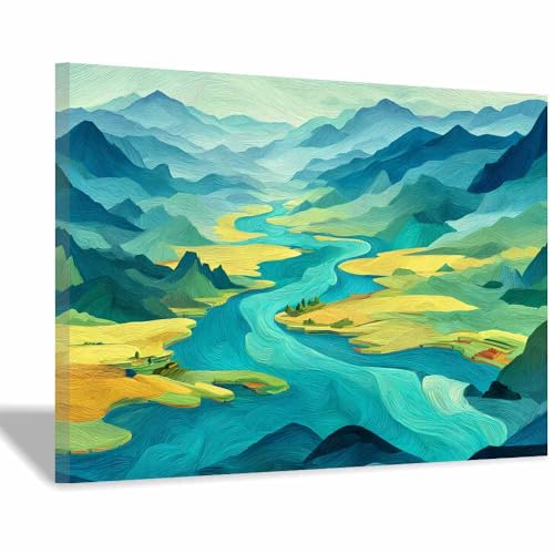 HUYEEI Modern Wandbild Kunstdruck auf Leinwand Bild Abstrakt Berg- und Flusslandschaften Moderne Kunst,Wohnzimmer Deko Schlafzimmer über Bett Room Decor Geschenke(blau61)-70x100cm Gerahmt von HUYEEI