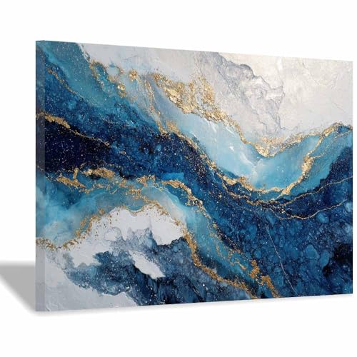 HUYEEI Modern Wandbild Kunstdruck auf Leinwand Bild Abstrakt Blau-goldenes Muster Moderne Kunst,Wohnzimmer Deko Schlafzimmer über Bett Room Decor Geschenke(blau126)-70x100cm Gerahmt von HUYEEI