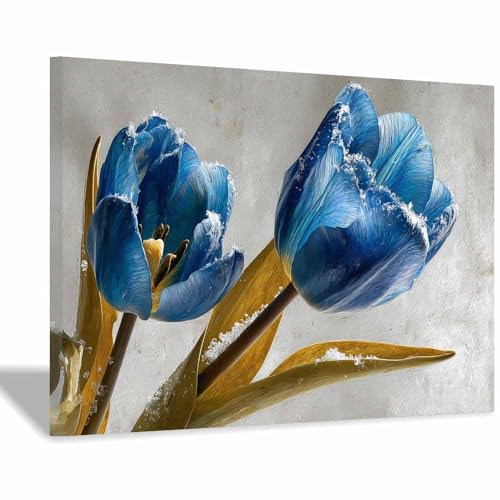 HUYEEI Modern Wandbild Kunstdruck auf Leinwand Bild Abstrakt Blaue Blumen Moderne Kunst,Wohnzimmer Deko Schlafzimmer über Bett Room Decor Geschenke(blau36)-70x100cm Gerahmt von HUYEEI