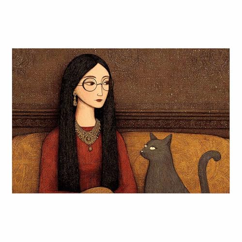 HUYEEI Modern Wandbild Kunstdruck auf Leinwand Bild Abstrakt Frau und Katzen Moderne Kunst,Wohnzimmer Deko Schlafzimmer über Bett Room Decor Geschenke(braun101)-70x100cm Ungerahmt von HUYEEI