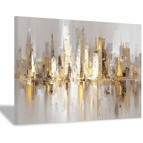 HUYEEI Modern Wandbild Kunstdruck auf Leinwand Bild Abstrakt Schatten von Städten Moderne Kunst,Wohnzimmer Deko Schlafzimmer über Bett Room Decor Geschenke(goldene136)-70x100cm Gerahmt von HUYEEI