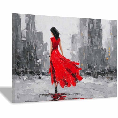 HUYEEI Modern Wandbild Kunstdruck auf Leinwand Bild Abstrakt Stadtmädchen Moderne Kunst,Wohnzimmer Deko Schlafzimmer über Bett Room Decor Geschenke(rot56)-40x60cm Gerahmt von HUYEEI