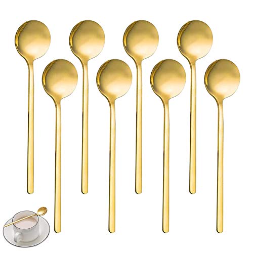 HUYIWEI Goldener Runder Kopflöffel,8 Stück Kaffeelöffel,Goldener Edelstahllöffel,13 cm Haushaltsstahllöffel,Geeignet Für Kaffee,Zucker,Dessert,EIS, Suppe,Mokka-Löffel von HUYIWEI