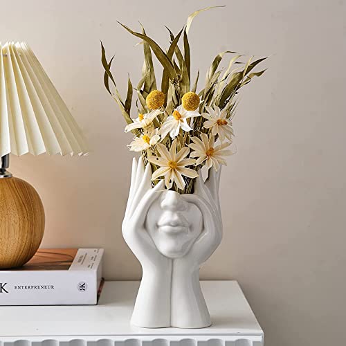 HUYIWEI Keramik Vase Weiß, Moderne Kreativität Dekorative Vasen, Gesicht Statue Keramik Blumentopf Vase für Pampasgras Wohnzimmer Büro Schlafzimmer Tischdeko von HUYIWEI