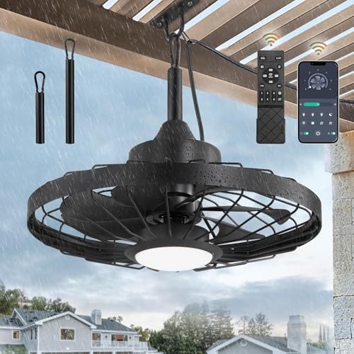 Deckenventilator für Außen mit Licht und Fernbedienung IP65 Wasserdicht LED Lampe mit Ventilator für Garten Terrasse Dimmbar Leise Deckenlampe Retro Deckenventilator mit Beleuchtung für Outdoor Innen von HUYOY