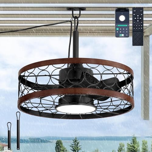 HUYOY Deckenventilator mit Beleuchtung für außen IP65 Wasserdicht Ventilator Deckenleuchte mit Fernbedienung Leise Dimmbar Ventilator Deckenlampe Retro Käfig Fan mit Licht für Wohnzimmer Schlafzimmer von HUYOY