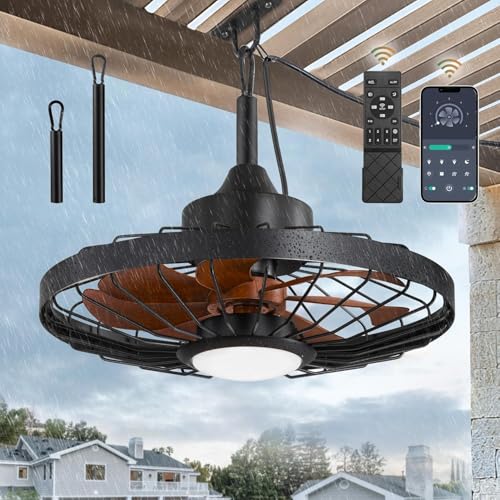 HUYOY Deckenventilator mit Beleuchtung und Fernbedienung IP65 Wasserdicht außen Ventilator Deckenleuchte Leise Dimmbar Ventilator Deckenlampe Moderne Käfig Fan mit Licht für Wohnzimmer Schlafzimmer von HUYOY