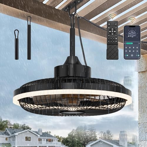 LED Deckenventilator mit Beleuchtung für außen IP65 Wasserdicht Outdoor Ventilator Deckenlampe mit Fernbedienung Leise Dimmbar Fan Deckenleuchte Moderne Lampe mit Ventilator für Wohnzimmer Balkon ﻿ von HUYOY