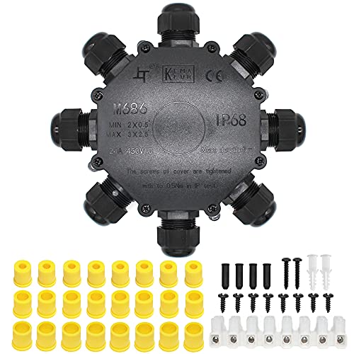 Abzweigdose, Verbindungsdose, HUYU 8 Wege Junction Box, IP68 Wasserdichte Verteilerdose, Kabelverbinder Aussen, Elektrischer Außenverteilerdose, Erdkabel Klemmdose, Kabeldurchmesser Ø 4mm-14mm, 8 Wege von HUYU