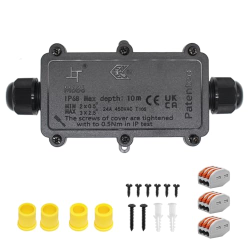 Verteilerdose, Abzweigdose, Junction Box, HUYU IP68 elektrische Außenverteilerdose, Erdkabel Anschlussdose, mit M20 verstellbaren Kabelverschraubungen, für Kabeldurchmesser Ø 5mm-12mm, 2-Wege von HUYU