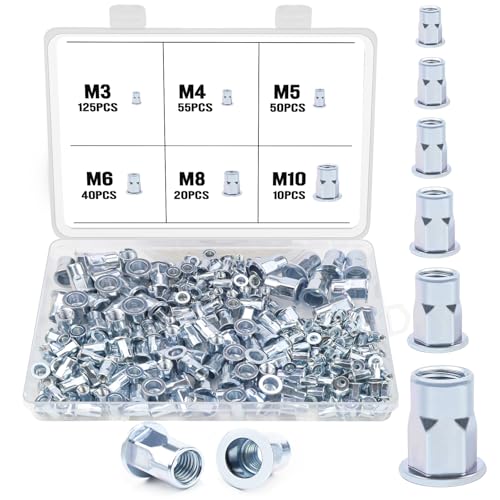Nietmuttern Set 300Stk M3 M4 M5 M6 M8 M10 Blindnietmuttern Flachkopf Nietmuttern Einnietmutter von HUYUE