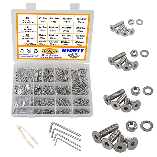 HVDHYY 1065pcs M2 M3 M4 M5 Zylinderschrauben mit Innensechskant Schwenkkopf Schrauben set A2-70 Edelstahl-Sechskopf Maschinenschrauben, Muttern, Unterlegscheiben Sortiment Kit mit Aufbewahrungsbox von HVDHYY